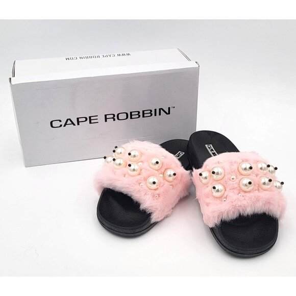 Cape Robbin Shoes - Cape Robbin Moira Women Slip On Skids Sandal Size 5 Pink Faux Fur & Pearl Accent